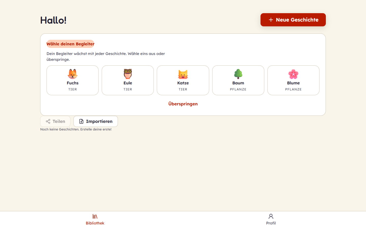 Screenshot der Lese-Magie-App: Auswahl des Begleiters – Fuchs, Eule, Katze, Baum oder Blume
