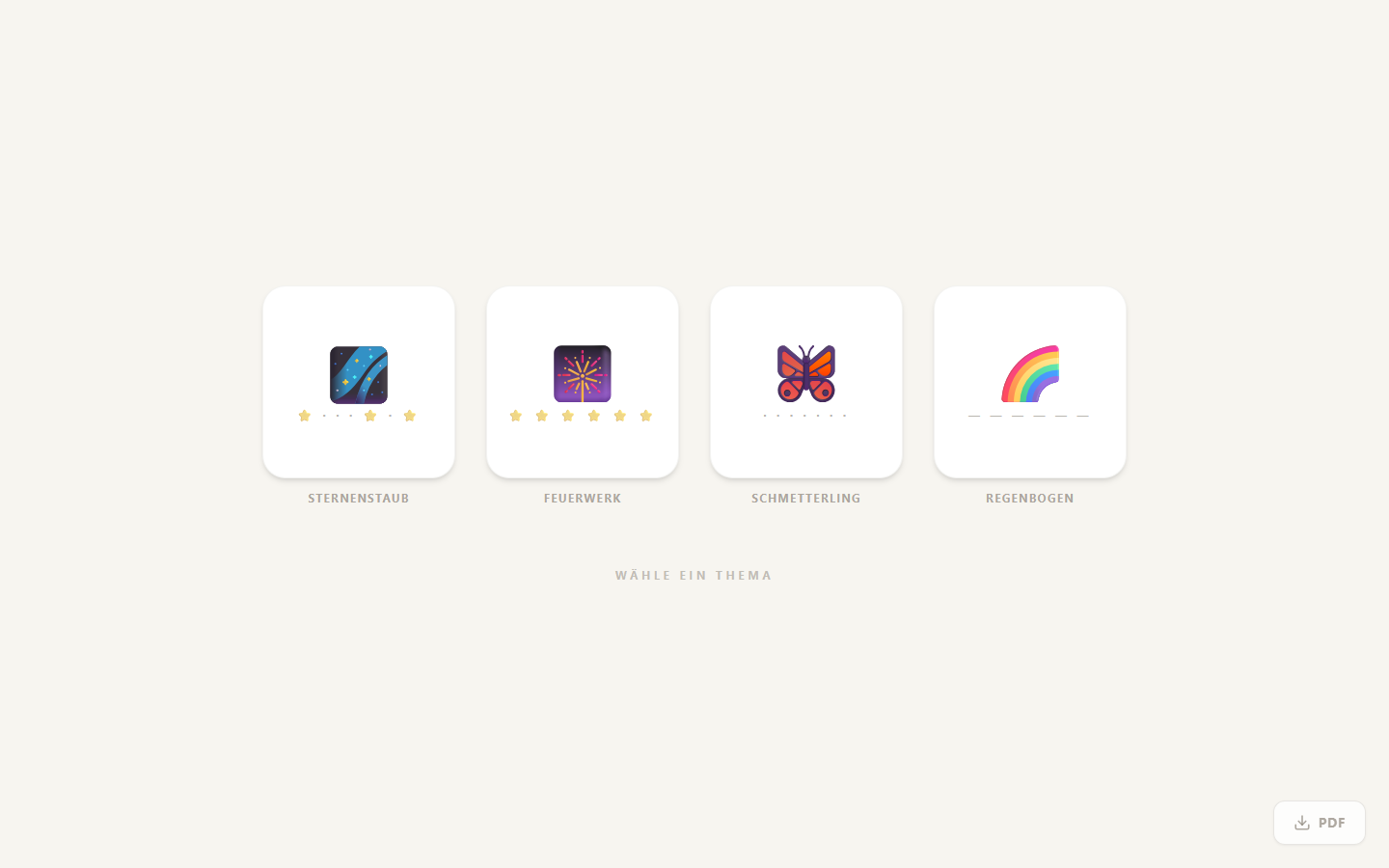 Screenshot der Schreib-Magie-App: Themenwahl mit Sternenstaub, Feuerwerk, Schmetterling und Regenbogen